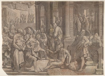 Pyhä Johannes ja pyhä Pietari parantavat rampaa, 1553. tekijältä Lambert Suavius