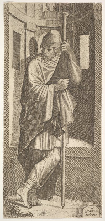 St. James Major nojasi pylvääseen ennen kapeaa, vasen jalka ristissä oikean yli, edestakaisin..., 1545. tekijältä Lambert Suavius
