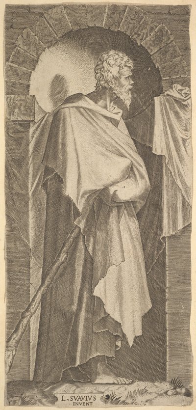 Sant Jaume Menor en nínxol arquejat, amb un bastó a les mans, que són c..., 1545. finlandès tekijältä Lambert Suavius