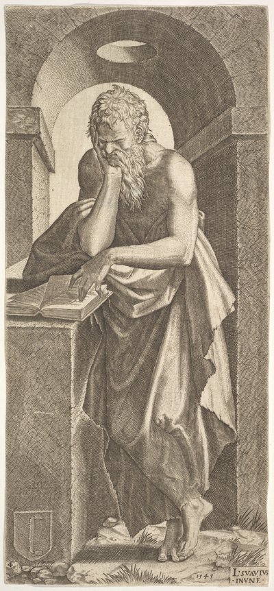 Pyhä Simon seisoo avoimen kirjan edessä vasemman kätensä sormet painettuina..., 1545. tekijältä Lambert Suavius