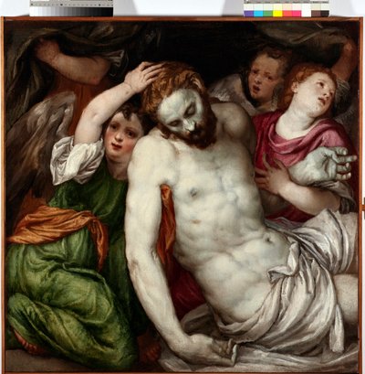 Pieta et anges (Pieta enkelien kanssa) Lambert Sustrisin (1515-1584) maalaus 1500-luku Aurinko 83x84 cm Musei di Strada Nuova Genes tekijältä Lambert Sustris