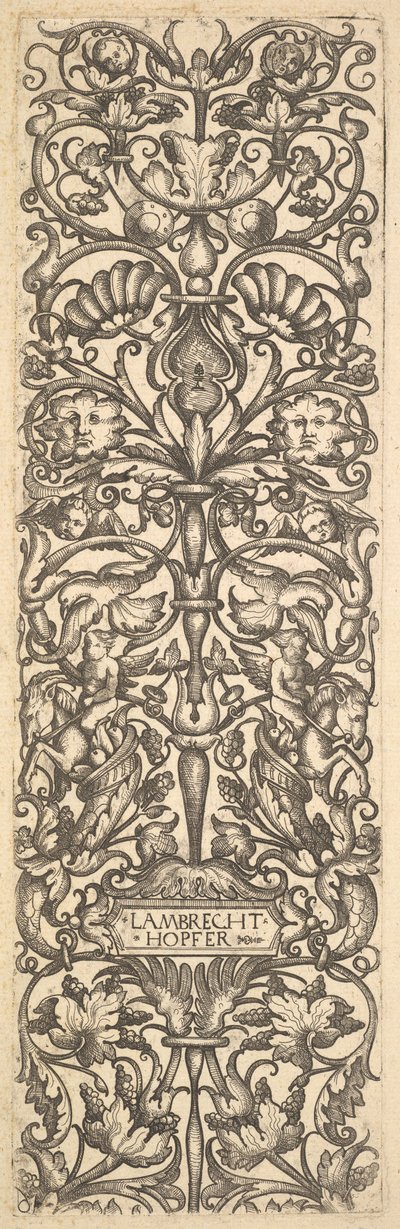 Kynttelikkö, jossa putti vuohien päällä keskellä, n. 1525-50. tekijältä Lambrecht Hopfer