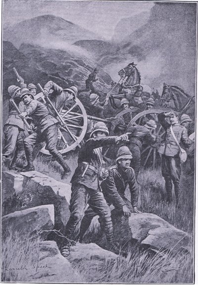 Kukkulan rinteellä kaatunut ase, teoksesta After Pretoria: The Guerilla War, jonka on julkaissut Harmsworth Bros Limited, 1901. tekijältä Lancelot Speed