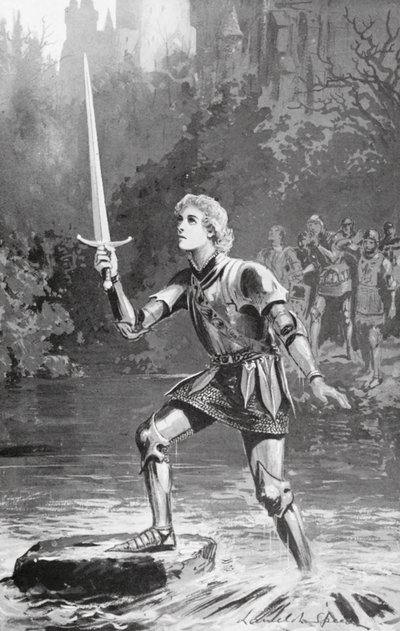 Galahad nosti miekan melko helposti (litografia). tekijältä Lancelot Speed