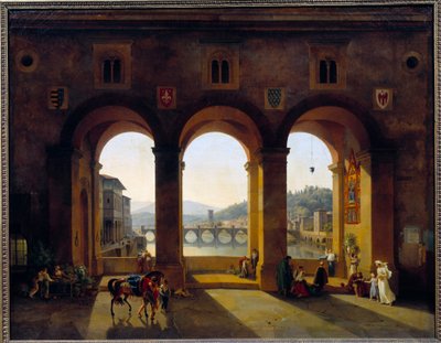 Näkymä Firenzen Ponte Vecchiolle. Theodore Turpin De Crissen (1782-1859) maalaus tekijältä Lancelot Théodore Turpin de Crissé de Crissé