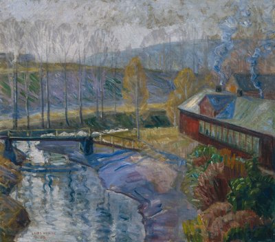 Maisema, jossa on talo ja joki tekijältä Lars Jorde