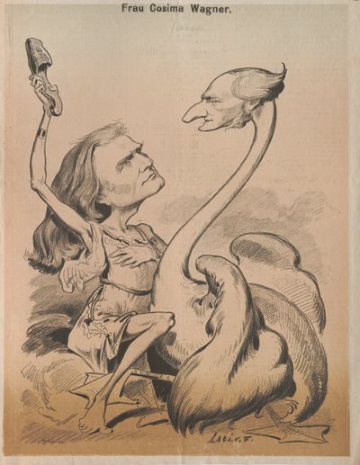 Richard Wagner Joutsenena ja Cosima Wagner Die Bomben Leda-kansikuvassa, 1875. tekijältä Laszlo Frecskay
