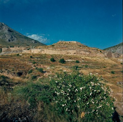 Näkymä muinaisen Mycenesin kaupungin paikalle Peloponnesoksella (1500-1100 eKr.) Kreikka tekijältä Late Helladic Period Mycenaean