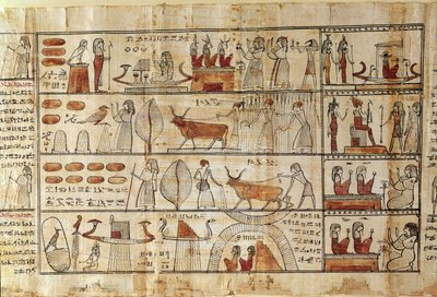 Maatalouskohtaukset, yksityiskohta Tsekhonien kuolleiden kirjasta (papyrus) tekijältä Late Period Egyptian