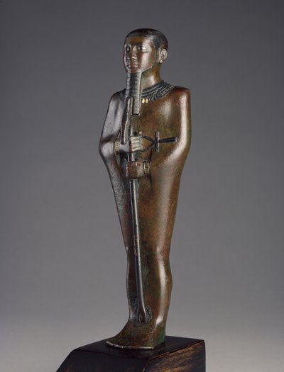 Ptahin jumalan patsas (pronssi, jossa musta pigmentti ja upotekoristeinen hopea ja kulta) tekijältä Late Period Egyptian