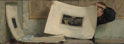 Anna lehteilee printtiportfoliota tekijältä Laura Theresa Alma Tadema (Lady)