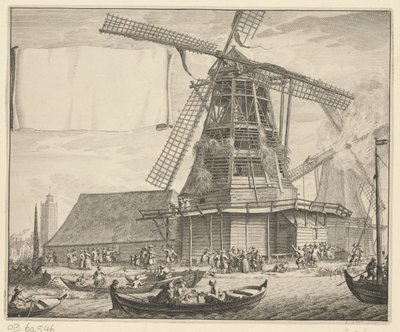 Tulipalo De Zeugin öljymyllyssä lähellä Wormeria, 1699 tekijältä Laurens Scherm