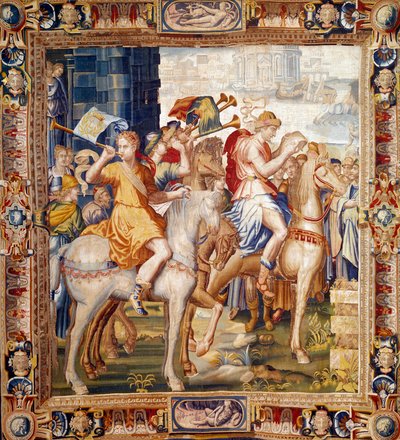 Herauts ratsastaa. Esirippu Artemisen historiasta. Laurent Guyotin (1756-1806) ja Henri Lerambertin (noin 1540/1550-1608) valmistamat villa- ja silkkikudos Faubourg Saint Marcelin (1601-vers1670) työpajoissa. 1600-luvun Pariisi, kansalliset huonekalut tekijältä Laurent Guyot