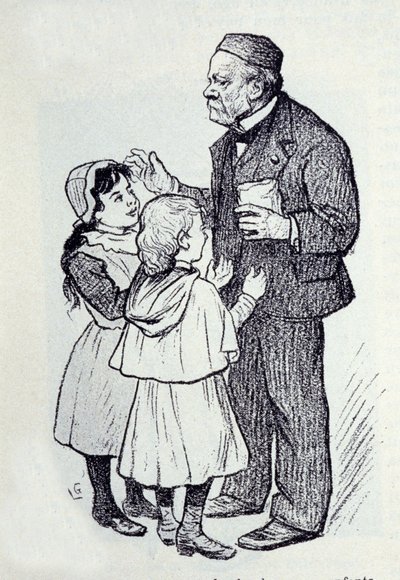 Muotokuva Louis Pasteurista (1822-1895), ranskalaisesta kemististä ja fyysikistä, joka antaa makeisia instituutin lapsille. Luonnos Lucien Laurent-Gsell (Laurent Gsell) (1860-1944). DR tekijältä Laurent Lucien Gsell