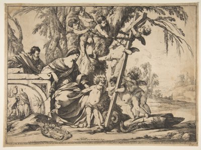 Pyhä perhe ja Kristus-lapsi astumassa käärmeen selkään, 1639. tekijältä Laurent de la Hyre