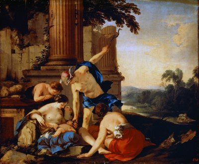 Merkurius antaa lapselle Bacchuksen Nysan nymfeille, 1638. tekijältä Laurent de la Hyre