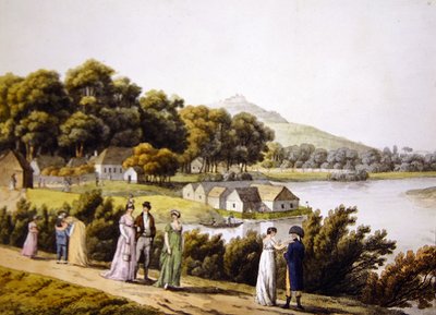 Näkymä Brigittenaun alueelle ja Tonavalle Augartenin puolelta, 1800-luvun alku (kaiverrus) tekijältä Laurenz (after) Janscha