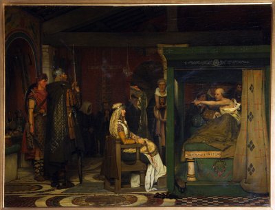 Fredegund (noin 545-597), Neutrian kuningatar, vierailee Rouenin piispa Pretextatissa (kuoli 586) kuolinvuoteellaan (Fredegund vierailee piispa Praetextatuksella kuolinvuoteella) - Sir Lawrence Alma-Tademan (Alma Tadema) maalaus (1836-1912) , öljy puulle tekijältä Lawrence Alma Tadema