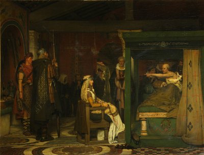 Fredegund vierailee piispa Praetextatuksen luona kuolinvuoteella vuonna 1864 tekijältä Lawrence Alma Tadema