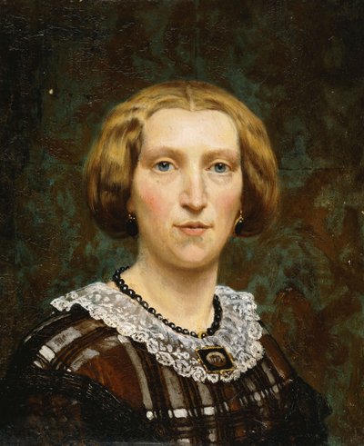 Sientje Tademan muotokuva, pieni rintakuva, ruskeavalkoinen mekko ja musta huivi, 1860 tekijältä Lawrence Alma Tadema