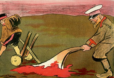 Sivilisaation aura – Venäläiset sotilaat kyntämässä verisillä taistelukentillä. 1904 (litho) tekijältä Leal de Camara