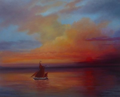 Red Sails - Thames Barge täydessä purjeessa, 2022 (öljy kankaalle) tekijältä Lee Campbell