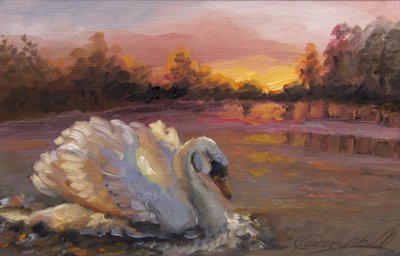 Swan at Sunrise, 2016, (öljy paperille) tekijältä Lee Campbell