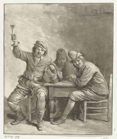 Kolme miestä pöydässä tupakoimassa ja juomassa tekijältä Leendert Brasser (signed by artist)