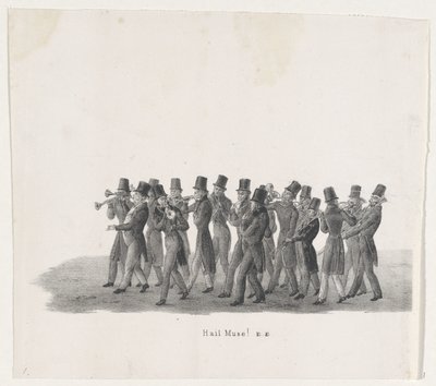 Muusikot Leidenin opiskelijoiden kulkueessa, 1835 Hei Muse! (otsikko esineessä) Yksittäiset esitykset, jotka nousut pitävät H.H. Leidsche Hoogeschoolin opiskelijat 9.2.1835, suljettu (sarjan nimi esineessä) tekijältä Leendert Springer (I)