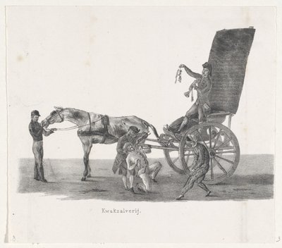 Sjees quackilla, 1835 Väsymys (otsikko esineessä) Yksittäiset esitykset, jotka nousut pitävät H.H. Leidsche Hoogeschoolin opiskelijat 9.2.1835, suljettu (sarjan nimi esineessä) tekijältä Leendert Springer (I)