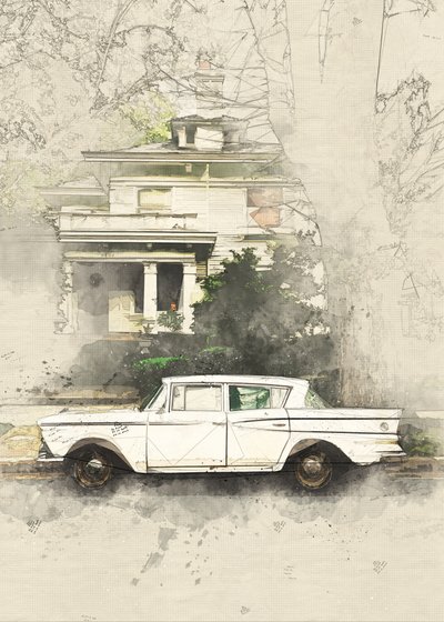 Vintage-auto ja vanha talo -luonnos tekijältä Lembayung senja studio [Vintage Poster]