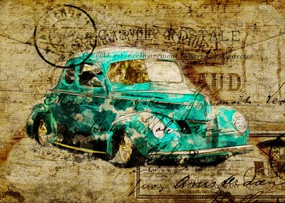 Vintage-tyylinen sinivihreä auto -postikortti tekijältä Lembayung senja studio [Vintage Poster]