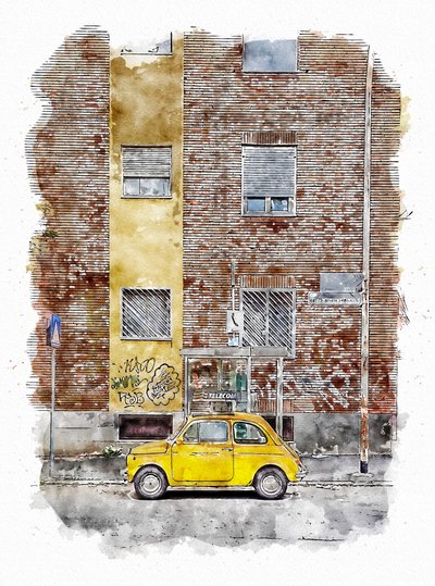 Keltainen klassinen katukäyttöinen auto tekijältä Lembayung senja studio [Vintage Poster]