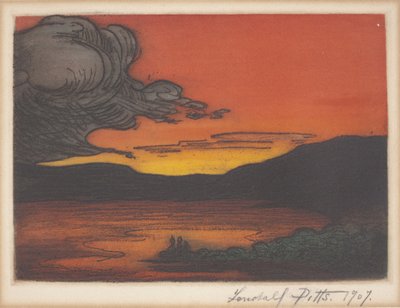 Auringonlasku järvellä (värietsaus ja akvatinta) tekijältä Lendall Pitts