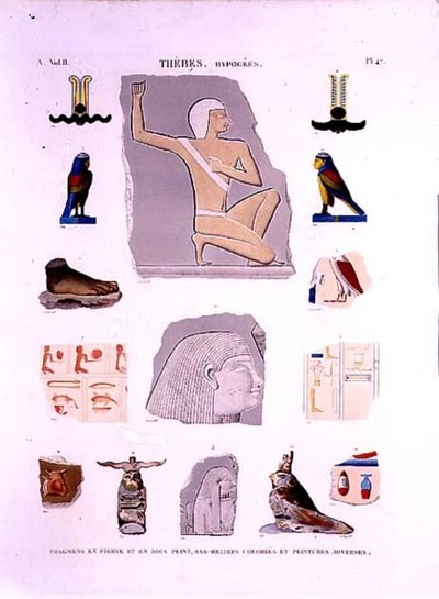 Kuvituksia maalatuista reliefeistä kivelle ja puupalasille Hypogees, Thebes-levy 47 julkaisun "Descriptions of Egypt" osasta II, LeRoyn kaiverrus tekijältä Lenoir (after)
