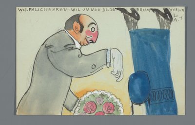 Postkarte mit einer Zeichnung des Unterkörpers von An Overtoom und Oberkörpers von Leo Gestel mit Blumenstrauß tekijältä Leo Gestel