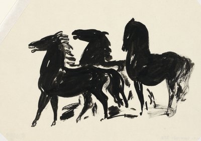 Kolme mustaa hevosta seisomassa katsoen vasemmalle tekijältä Leo Gestel