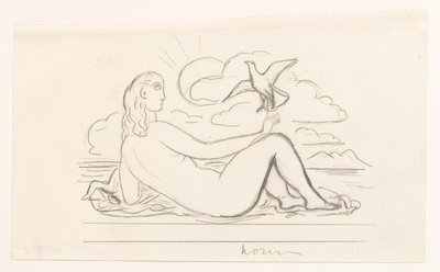 Makaava nainen alaston rannalla ja lokki tekijältä Leo Gestel