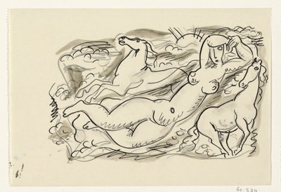 Alaston nainen ja kaksi hevosta meressä tekijältä Leo Gestel