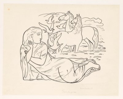 Nainen makaa rannalla kahden hevosen ja lokkien kanssa tekijältä Leo Gestel