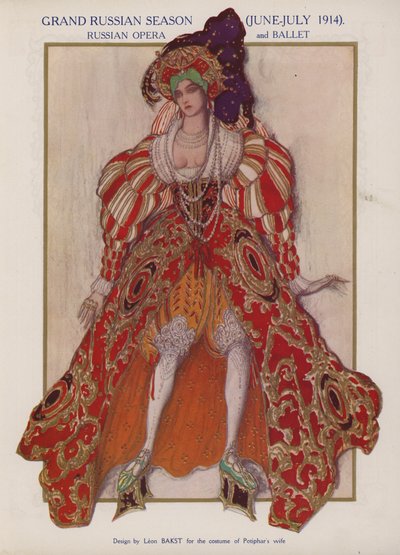 Leon Bakstin pukusuunnittelu Potipharin vaimolle Richard Straussin baletin Josephslegende (värilito) Ballets Russes -tuotannossa tekijältä Leon (after) Bakst