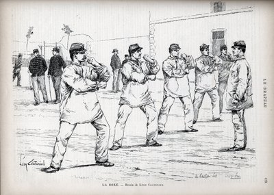 La Boxing - Ranskan Armees - piirustus Leon Couturier (1842-1935) - "" The Flag" - Patrioottien liigan tarkkailija - 22. elokuuta tekijältä Leon Antoine Lucien Couturier