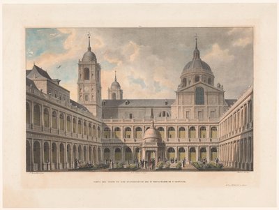 Zicht op de San Lorenzo de El Escorialin luostarin evankelistien sisäpiha Näkymä S. Lorenzon R.-luostarin evankelistien pihalle (otsikko esineessä) tekijältä Leon Auguste Asselineau