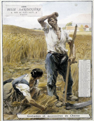 Sadonkorjuu - kirjoittanut Lhermitte, myymäläkalenteri "" Kaunis puutarhuri", elokuu 1898 tekijältä Leon Augustin Lhermitte