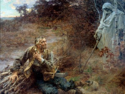 Kuolema ja metsämies Kuvitus Jean de La Fontainen (1621-1695) sadulle Leon Augustin Lhermitten (1844-1925) maalaus 1893, 2,06 x 2,42 m Chateau Thierry, museo La Fontaine - Kuolema ja puunkorjuu. Kuvitus Jean de La:n sadulle tekijältä Leon Augustin Lhermitte
