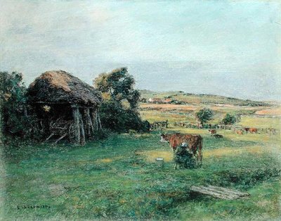 Maisema, jossa talonpoikanainen lypsää lehmää, 1880-luvun puoliväli (öljy kankaalle) tekijältä Leon Augustin Lhermitte