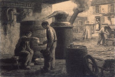 Tislaamo; Eau-de-Vie-de-Marcin maistajat tai Still, n. 1872 tekijältä Leon Augustin Lhermitte