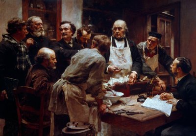 Lääkäri Claude Bernardin (1813-1878) dissektiokurssi (esiliinan kanssa) hänen oppilaidensa Paul Bertin (1833-1886) läsnä ollessa ja Leon Augustin Lhermitten (1844-1925) Arsonvalin Arsene (1851-1940) maalaus 19. vuosisadan Pariisi, Tiedeakatemia tekijältä Leon Augustin Lhermitte