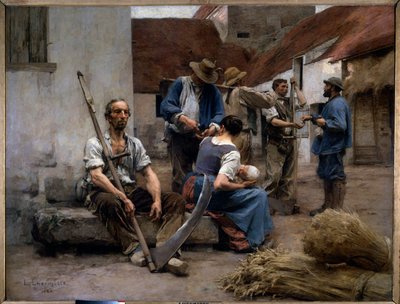 Maatilan pihalla talonpoikaisten harvesterien palkkalista, yhdessä heistä on väärennös. Leon Augustin Lhermitten (1844-1925) maalaus 1882 Su. 2,15x2,72 m Pariisi, musee d