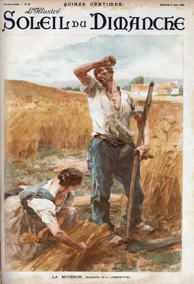 sadonkorjuu. Talonpojat niittävät vehnää pellolla. (perustuu L. Lhermitten akvarelliin) Kaiverrus kirjassa "" Le sun-du-dimanche", 6. elokuuta tekijältä Leon Augustin Lhermitte